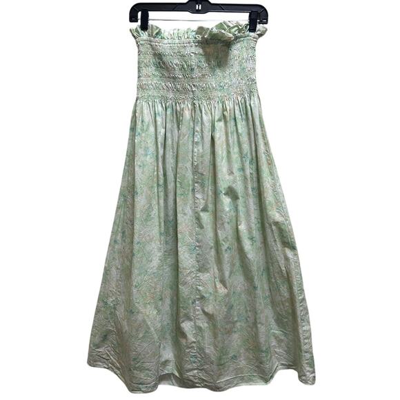 H&M Smocked Bodice Sundress M Light Green Floral Midi WovenCotton Unlined Boho - Picture 3 of 8
